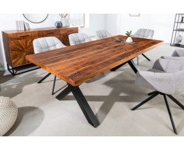 Dizajnový obdĺžnikový jedálenský stôl Fair Haven s hnedou masívnou doskou a čiernymi prekríženými nohami z kovu