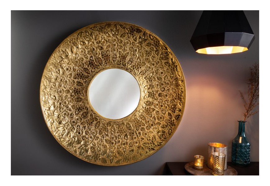 Orientálne okrúhle zrkadlo Unique s kovovým ornamentálnym rámom zlatej farby 81cm