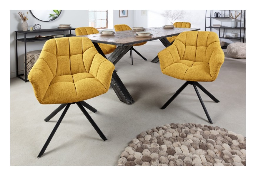 Moderná otočná jedálenská stolička Mariposa so žltým čalúnením a čiernymi kovovými nohami