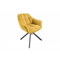 Dizajnová otočná jedálenská stolička Mariposa so žltým čalúnením a čiernymi kovovými nohami
