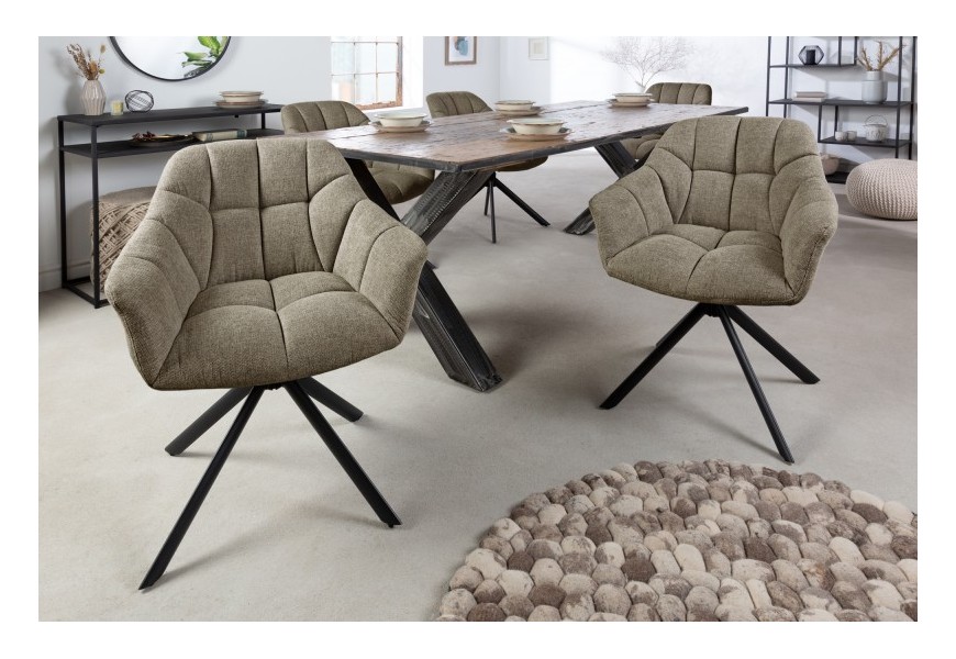 Dizajnová otočná retro stolička do jedálne Mariposa s olivovo zeleným čalúnením a čiernymi kovovými nohami