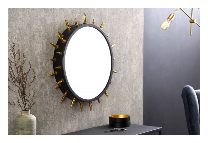 Extravagantné moderné nástenné zrkadlo Ekkart kruhového tvaru s čiernym rámom so zlatými ostňami 66cm 