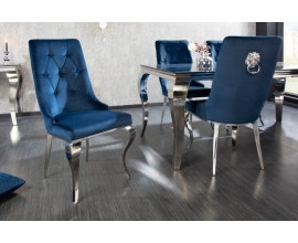 Baroková dizajnová jedálenská stolička Glamour s chrómovou konštrukciou a modrým zamatovým čalúnením 102cm
