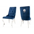 Baroková dizajnová jedálenská stolička Glamour s chrómovou konštrukciou a modrým zamatovým čalúnením 102cm