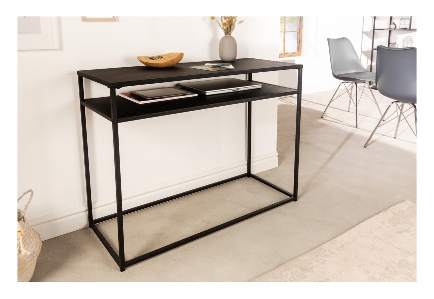 Dizajnová moderná konzola Industria Durante v čiernom prevedení z kovu s praktickou poličkou