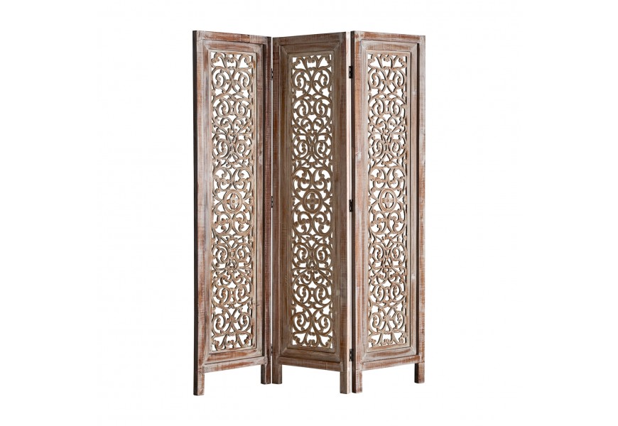Drevený paraván Elion z dreva v orientálnom štýle v prírodnej hnedej farbe s vzorovaným vyrezávaním