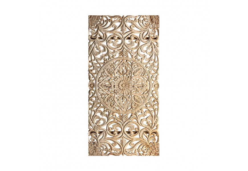 Orientálny ozdobný panel Assam z teakového dreva hnedej farby s vyrezávanými ornamentami