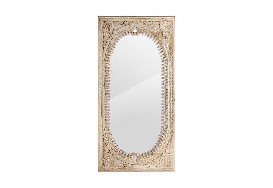 Orientálne obdĺžnikové nástenné zrkadlo Vallexa z masívneho mangového dreva hnedej farby s orientálnym vyrezávaním