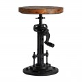 Industriálna výškovo nastavitešná otočná stolička Aspen kruhového tvaru z masívneho dreva hnedej farby s čiernou kovovou konštru