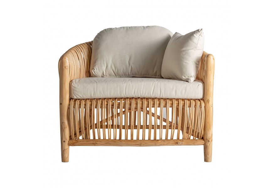 Štýlové zaoblené ratanové kreslo Brodas v svetlohnedej farbe s béžovým polstrovaním