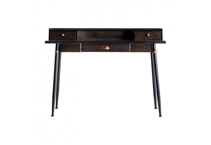 Dizajnový industriálny písací stôl Islip z kovu čiernej farby so starozlatým zdobení, tromi zásuvkami a odkladacím priestorom