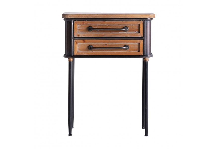 Dizajnový vintage nočný stolík Islip z dreva s washed white efektom, s čiernymi nohami a s dvomi zásuvkami