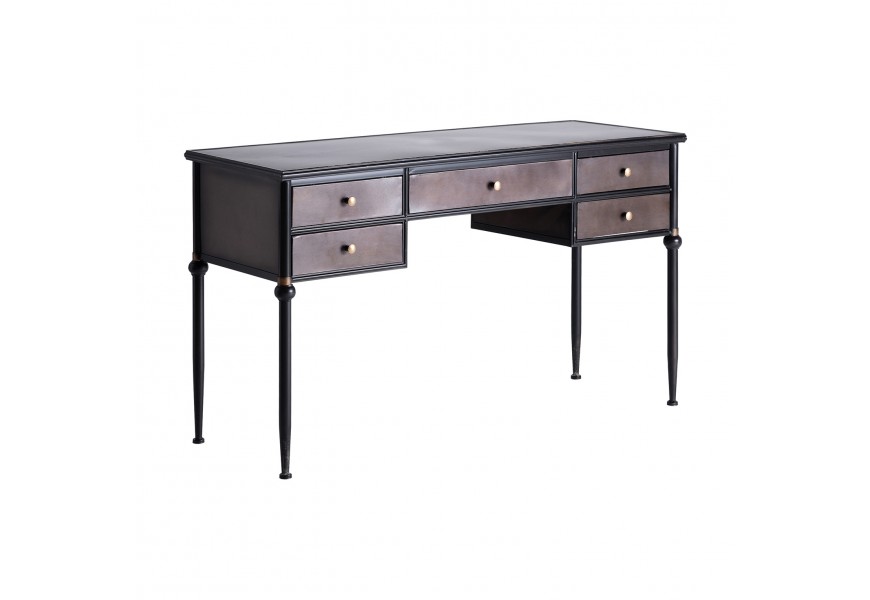 Tmavosivý industriálny písací stôl do kancelárie Islip z kovu s čiernymi nohami a s piatimi zásuvkami so starozlatými prvkami