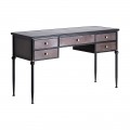 Tmavosivý industriálny písací stôl do kancelárie Islip z kovu s čiernymi nohami a s piatimi zásuvkami so starozlatými prvkami