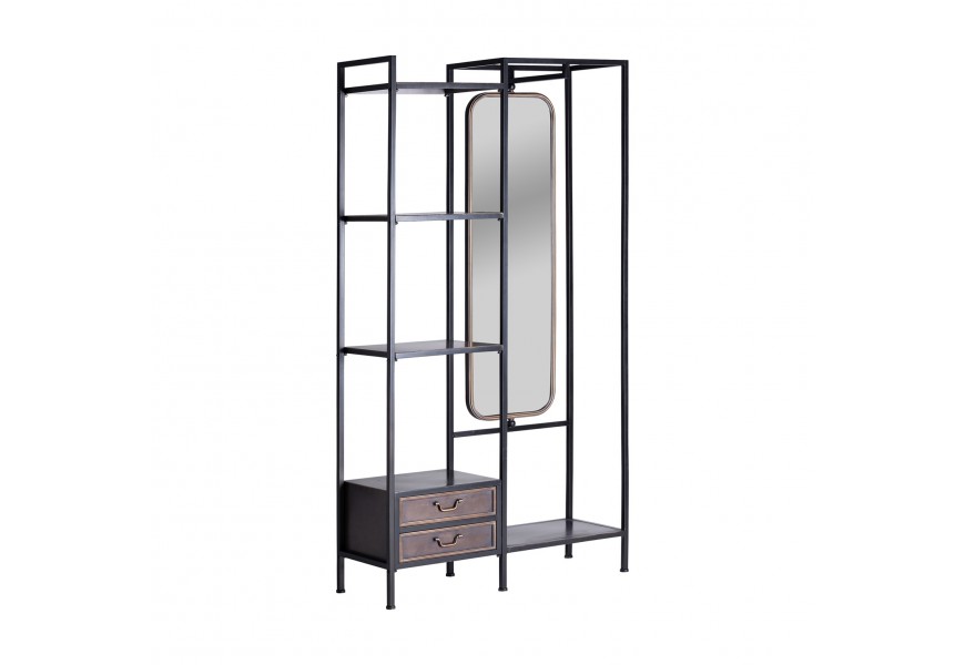 Štýlová industriálna chodbová zostava Islip z kovu čiernej farby so starozlatými vintage prvkami a zrkadlom