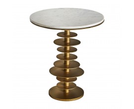 Dizajnový okrúhly príručný stolík Amuny v art-deco mramorovom vyhotovení so zlatou kovovou podstavou