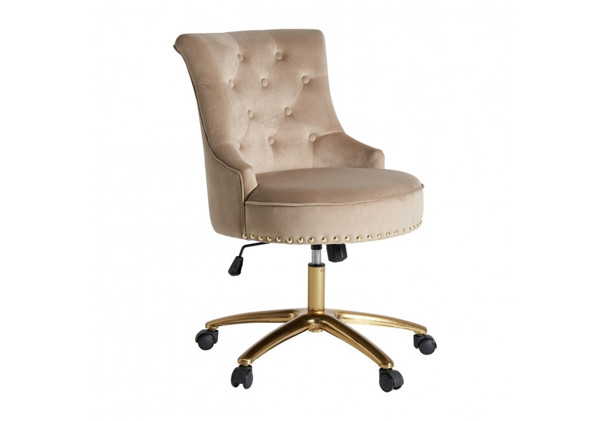 Art-deco otočn&aacute; stolička Portkey so zamatov&yacute;m čal&uacute;nen&iacute;m vo farbe latte a so zlatou kovovou kon&scaron;trukciou 88cm 