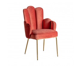 Dizajnový art-deco stolička Silia s čalúnením zo zamatu v koralovej farbe a s kovovými zlatými nohami