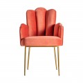 Art-deco luxusná stolička Silia lastúrovitého tvaru so zamatovým čalúnením koralovej farby a so zlatými nohami