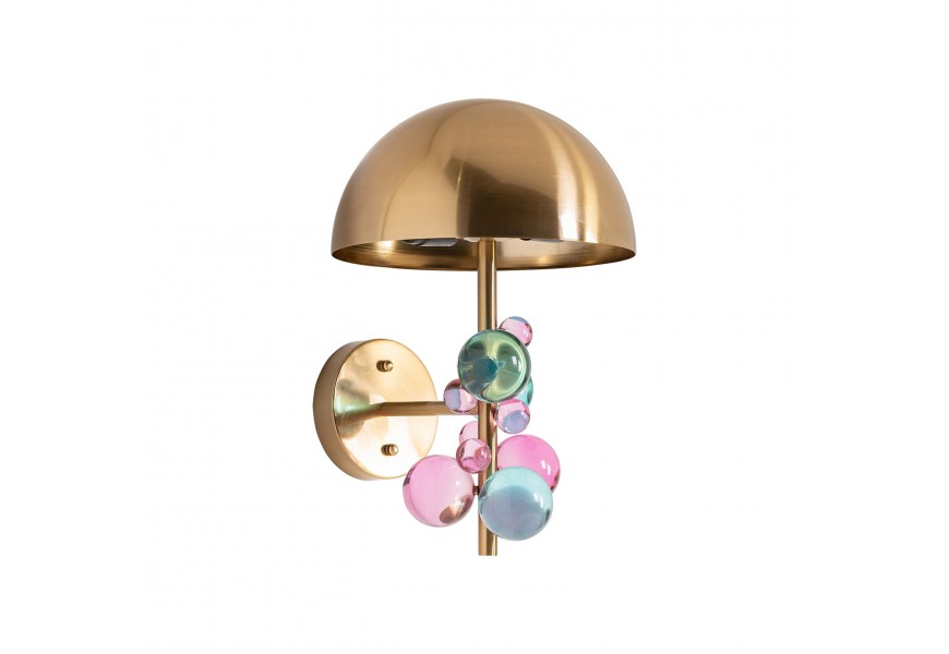 Luxusná art-deco okrúhla nástenna lampa Ciel v zlatej farbe s fialovo-modro-zeleným skleneným dekorom