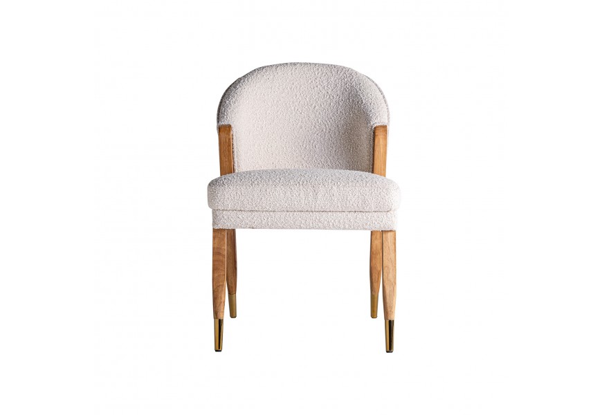 Štýlová retro stolička Aurélia s hnedými nohami z borovicového masívu a s bielym poťahom z bavlneného buklé