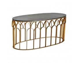 Luxusný art-deco mramorový konferenčný stolík Amuny v tmavosivom oválnom prevedení so zlatou kovovou podstavou 107cm