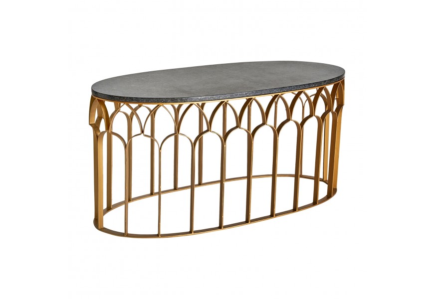 Mramorový konferenčný stolík Amuny s oválnou podstavou v zlatom kovovom vyhotovení