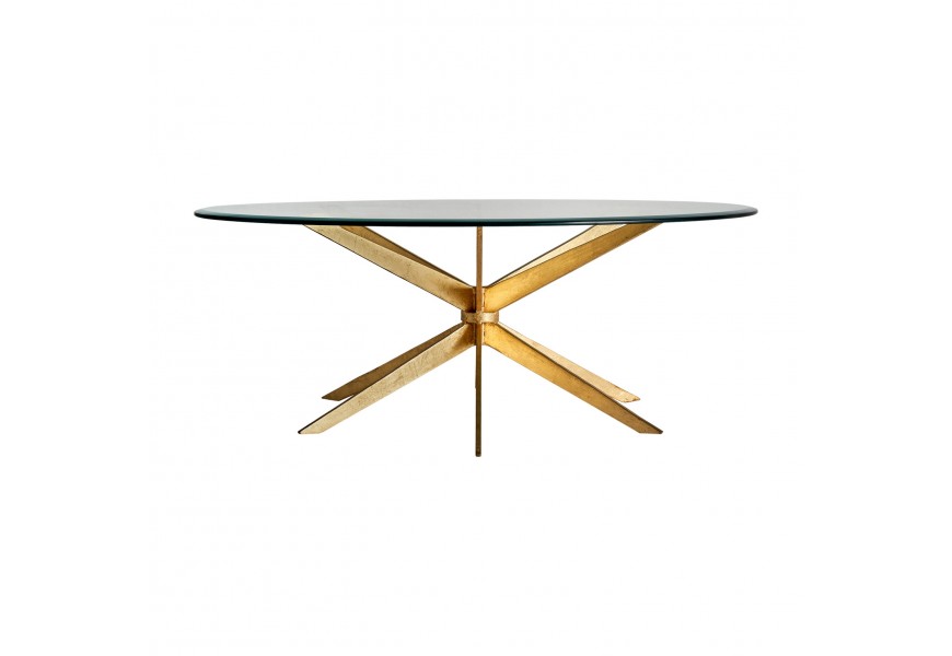 Jedinečný sklenený art-deco konferenčný stolík Amuny v okrúhlom tvare so zlatou kovovou podstavou