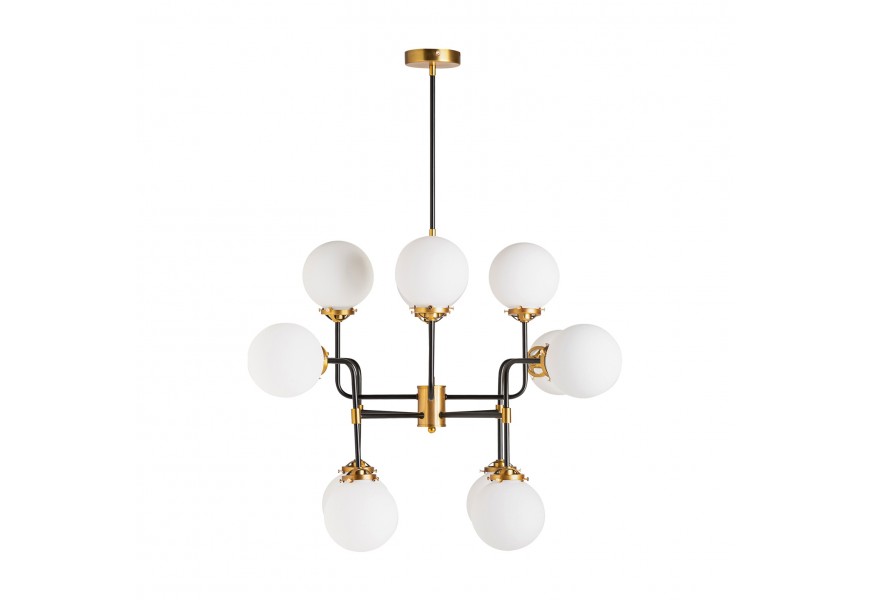 Moderná dizajnová zásvesná lampa Esme so zlatou-čiernou konštrukciou a siedmimi žiarovkami s sklenenými tienidlami bielej farby