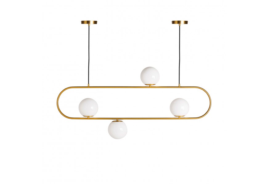 Moderná závesná lampa Esme v art-deco štýle so zlatou konštruciou a so štyrmi bielymi tienidlami zo skla