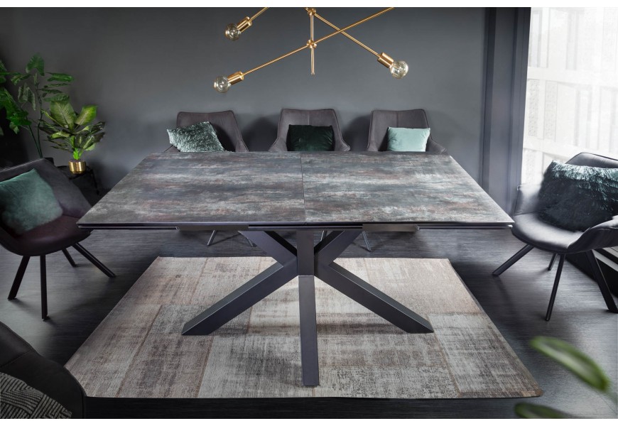 Industriálny rozkladací keramický jedálenský stôl Infinidad s obdĺžnikovou sklom prekrytou  doskou 180-225cm