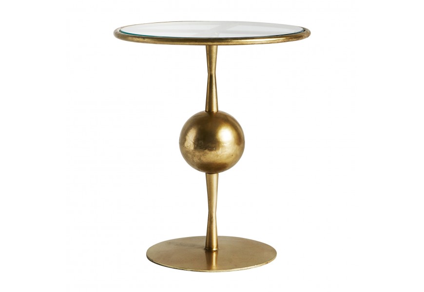 Elegantný okrúhly príručný stolík Terrie v art-deco štýle zlatej farby so sklenenou doskou