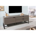 Dizajnový TV stolík Marsh v matne sivej farbe s dvoma zásuvkami a dvierkami s čiernymi kovovými nožičkami