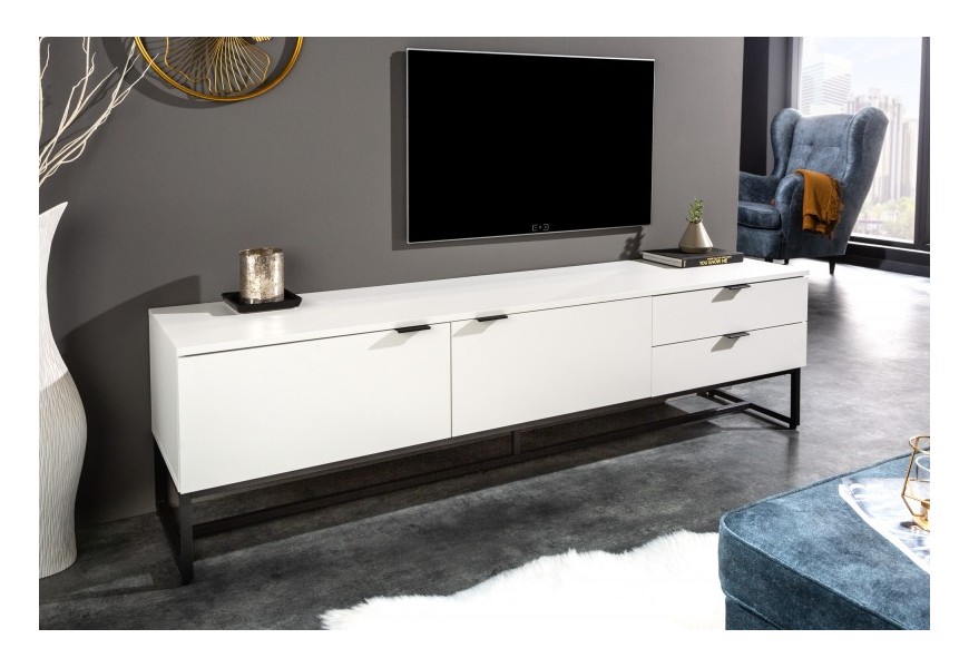 Moderný biely TV stolík Marsh do obývačky s dvomi dvierkami a zásuvkami 180cm