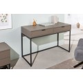 Dizajnový písací stôl Marsh hnedosivej farby s čiernou kovovou konštrukciou a s dvomi zásuvkami
