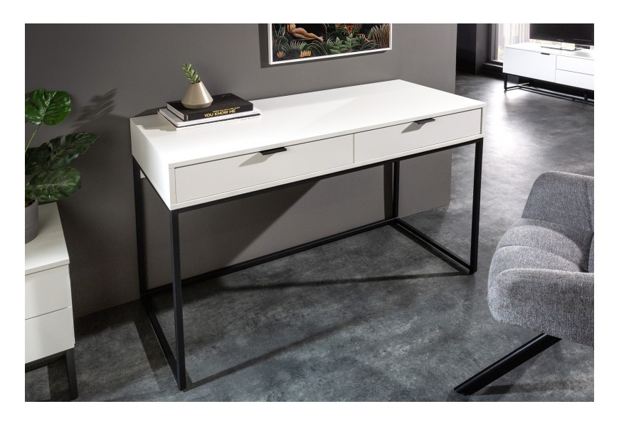 Dizajnový biely písací stôl Marsh z dreva s čiernou kovovou podstavou a s dvomi zásuvkami