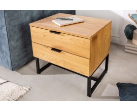 Nadčasový nočný stolík Marsh do spálne v svetlohnedej dubovej farbe s dvomi zásuvkami s čiernou kovovou podstavou 40cm