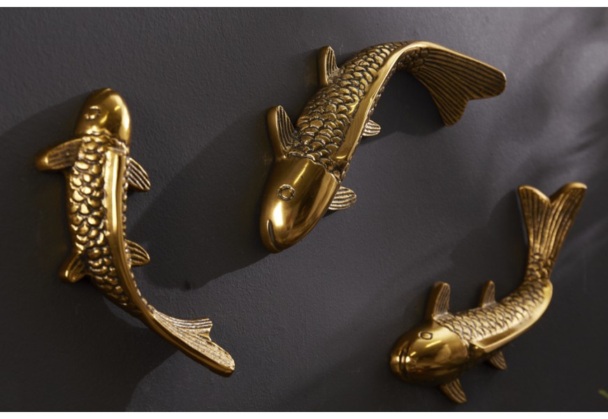 Nadčasový set nástenných dekorácií Amur v tvare ryby Koi v zlatom farebnom prevedení v orientálnom štýle