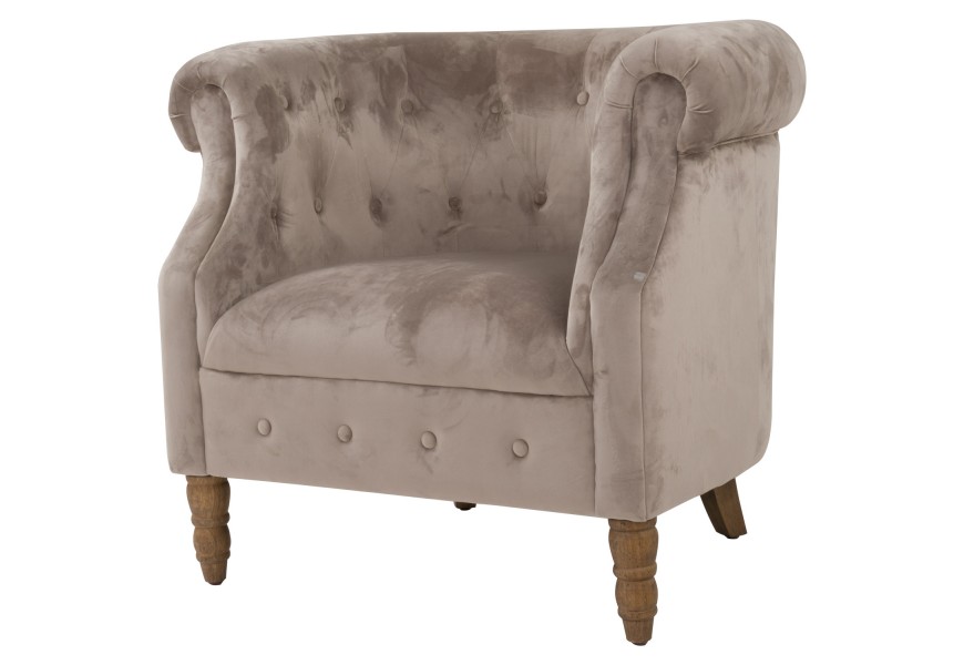 Elegantné čalúnené chesterfield kreslo Chelsea v béžovom prevedení s vintage nožičkami a prešívaním zo zamatu