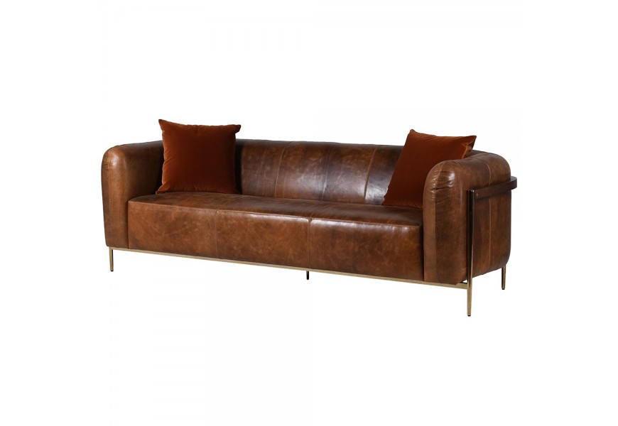 Luxusná kožená vintage trojsedačka Leatheriva s koženým čalúnením v orechovo hnedom prevedení s kovovými nožičkami