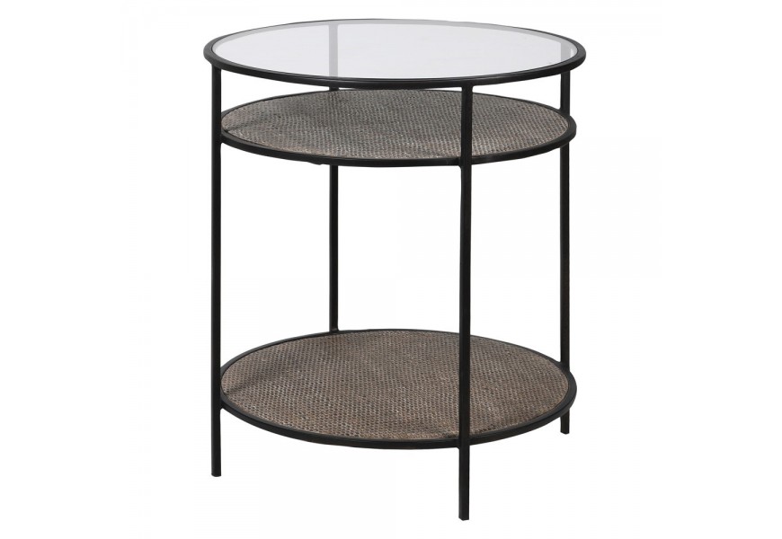 Dizajnovový okrúhly konferenčný stolík Diveni Black zo skla s čiernou kovovou podstavou a doskami s ratanovým vzorom