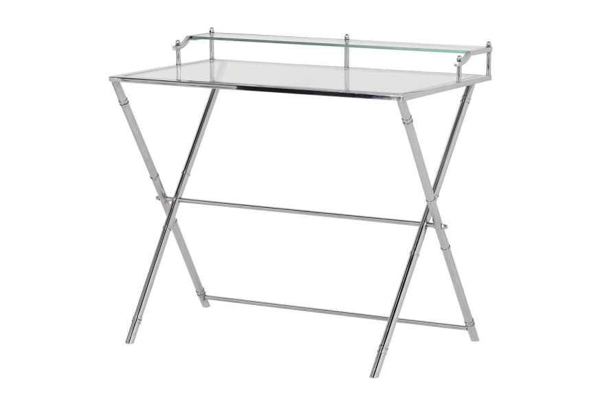 Sklenený art-deco písací stôl Chadon s kovovou chrómovou konštrukciou a sklenenou doskou