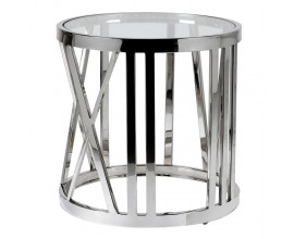 Chrómový art-deco príručný stolík Obey kruhového tvaru s kovovou konštrukciou s povrchovou doskou zo skla 55cm