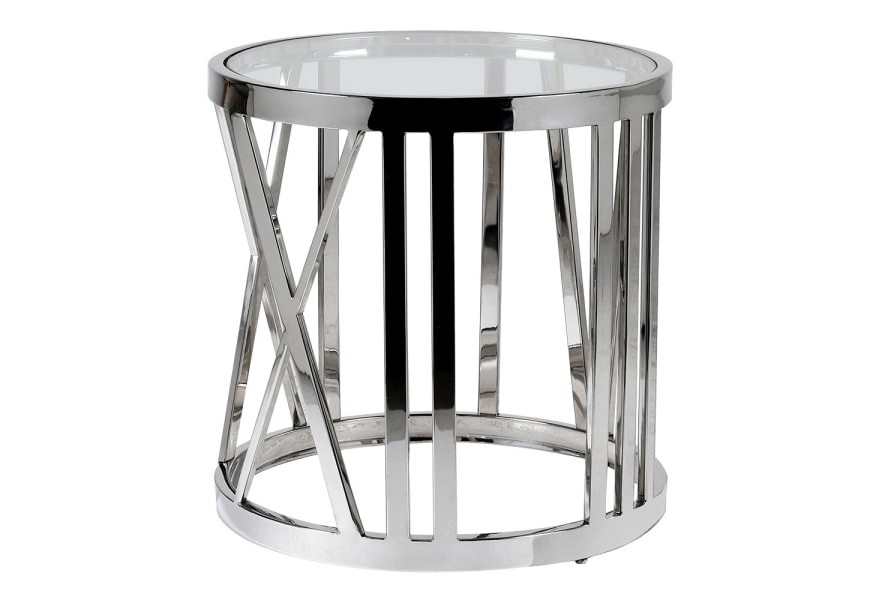 Chr&oacute;mov&yacute; art-deco pr&iacute;ručn&yacute; stol&iacute;k Obey kruhov&eacute;ho tvaru s kovovou kon&scaron;trukciou s povrchovou doskou zo skla 55cm