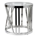 Chrómový art-deco príručný stolík Obey kruhového tvaru s kovovou konštrukciou s povrchovou doskou zo skla 55cm