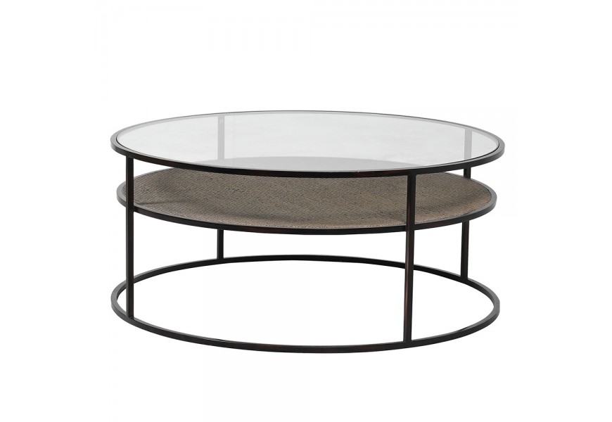 Okrúhly konferenčný stolík zo skla Diveni Black s dizajnovou stredovou doskou a čiernou kovovou podstavou 100cm