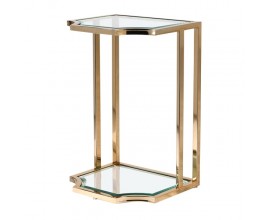 Art-deco príručný stolík Aries do obývačky so zlatou kovovou konštrukciou a s podstavou a povrchovou doskou zo skla 60cm