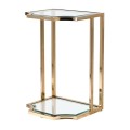 Dizajnový art-deco príručný stolík Aries so zlatou konštrukciou a sklenenou povrchovou doskou