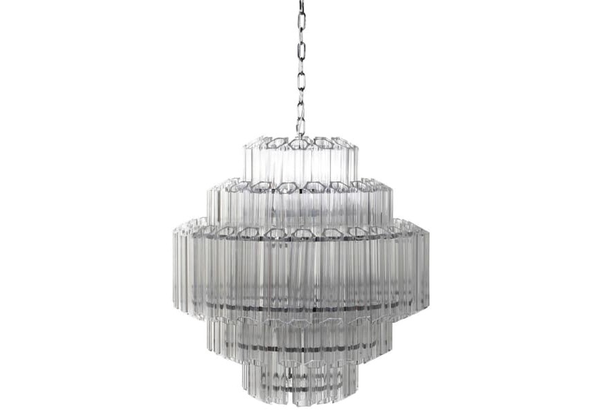 Art-deco luxusný luster Patriot s konštrukciou z kovu a s priehľadným zdobením zo skla v podobe dizajnových rúrok 65cm