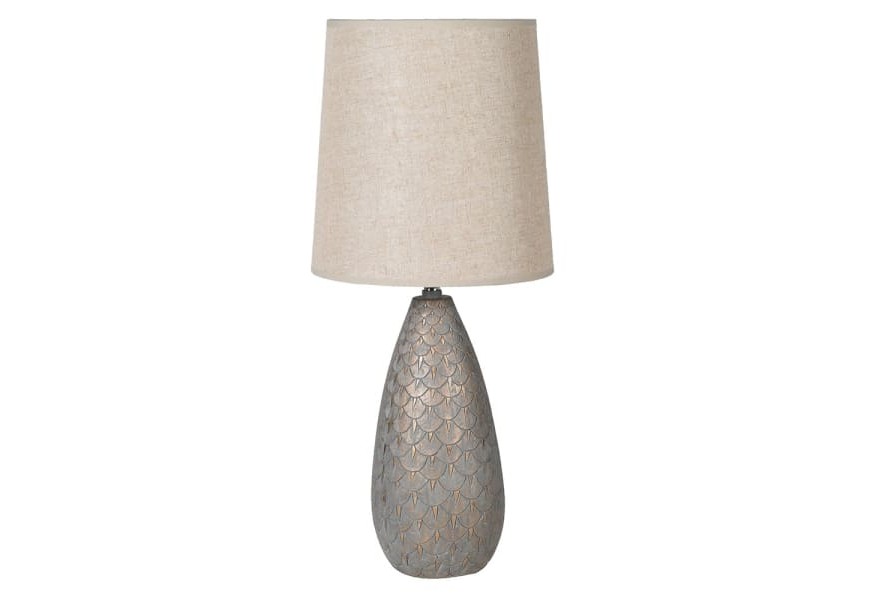 Elegantná vintage nočná lampa Othel s podstavou z materiálu polyresin v sivej farbe a s textilným tienidlom